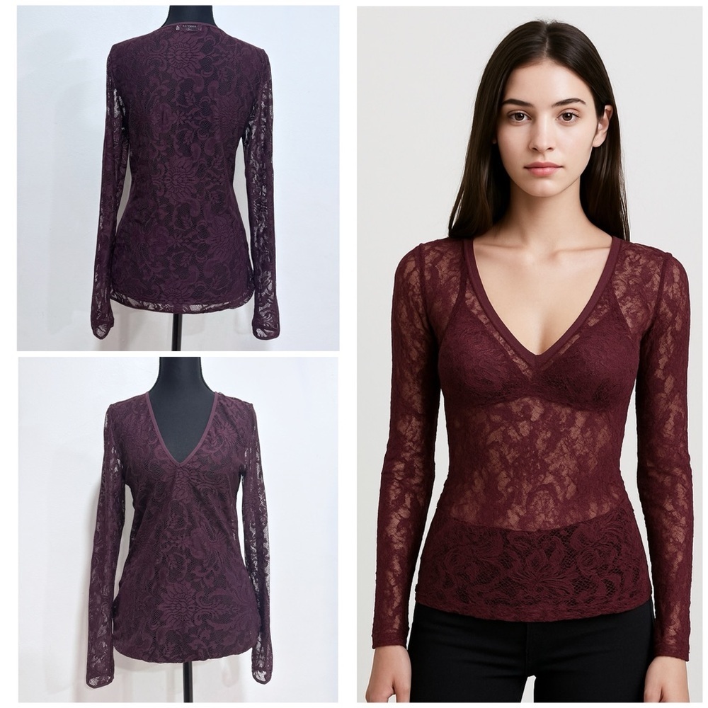 EUC Arizita Babaton Burugundy Deep Purple Lace V-neck Long Sleeves BlouseMāā